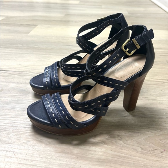 UGG Sandals Platform Strappy Navy Blue Leather Women Sz 8.5 High Heel Open Toe - Picture 8 of 15